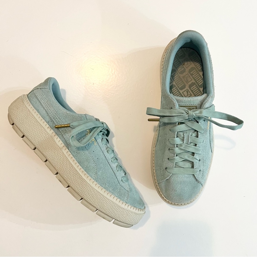 Puma Platform Trace Women’s Sneakers Teal Blue Leather Suede Shoes Gold Size 9